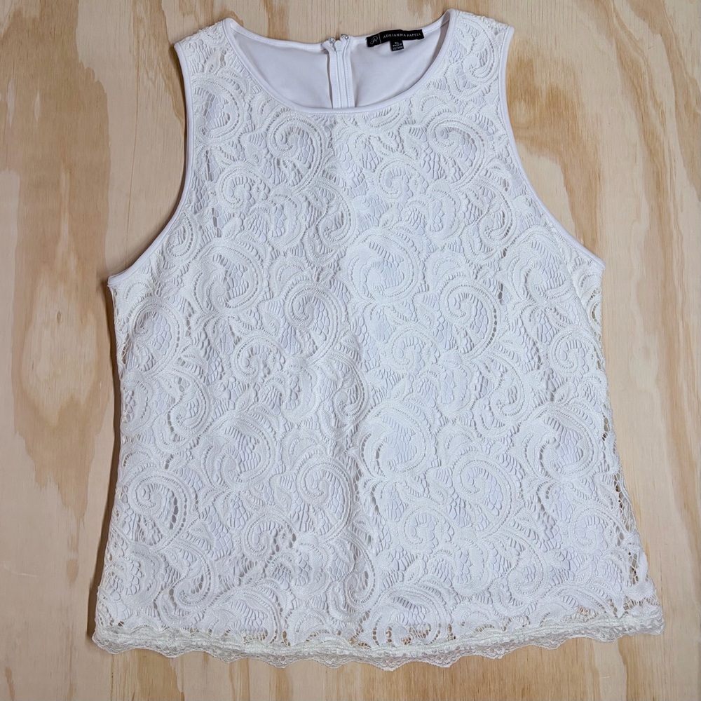 Adrianna Papell White Lace Sleeveless Blouse XL Scalloped Hem Top
